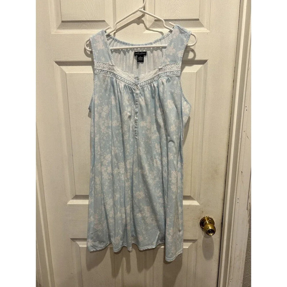 Earth Angels Nightgown Blue White Floral Sleeveless Cotton Knee Length Large - Picture 1 of 7
